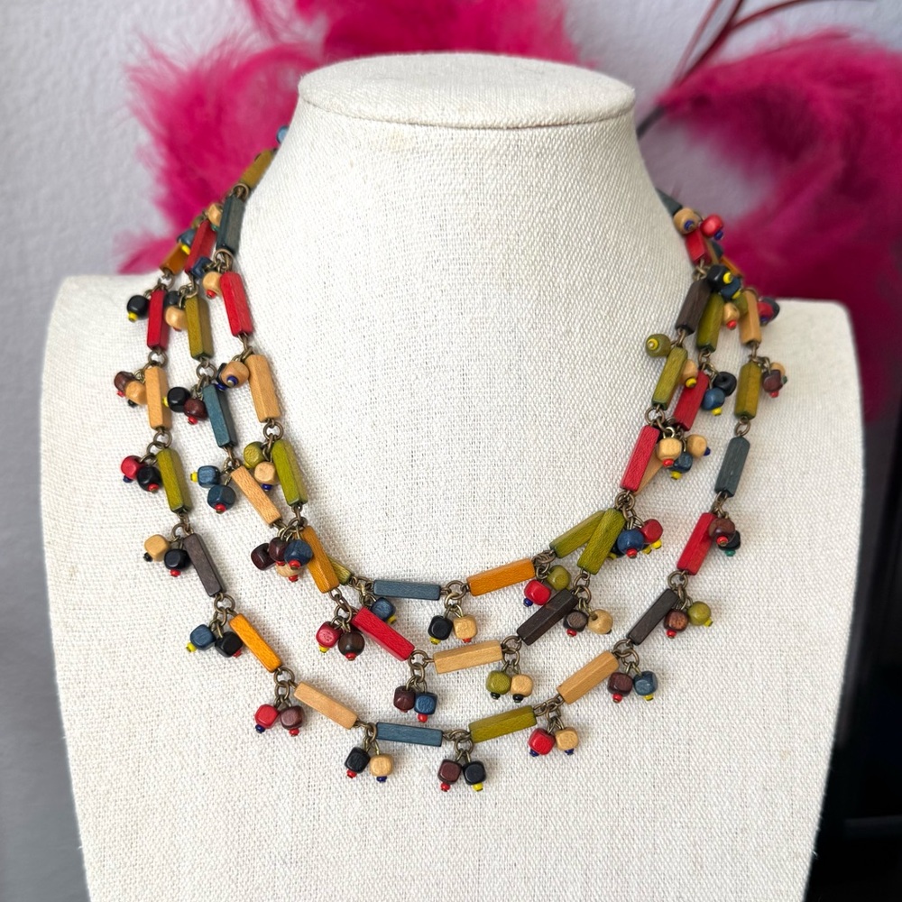 Artisan Multicolor Wood Beaded Necklace - Picture 8 of 9